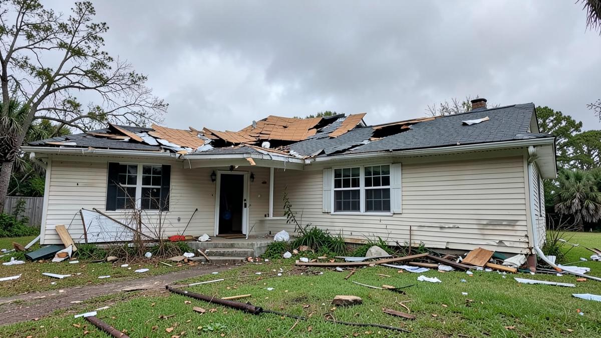 Hurricane damaged Florida home with roof and structural damage, illustrating Florida home insurance coverage