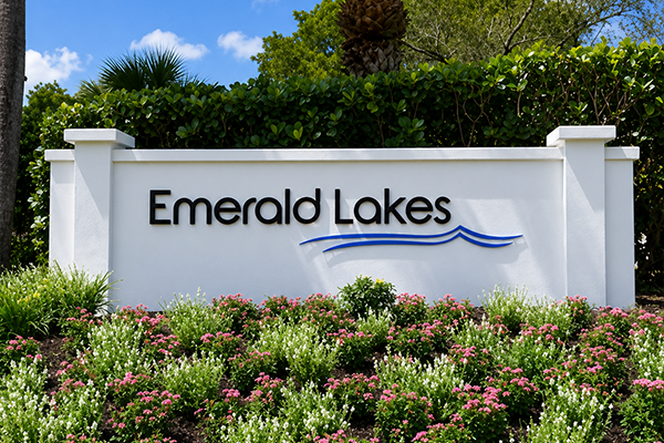 Emerald Lakes community entrance sign in North Naples, Florida - homeowners insurance guidance from Insurance Specialists of SW Florida