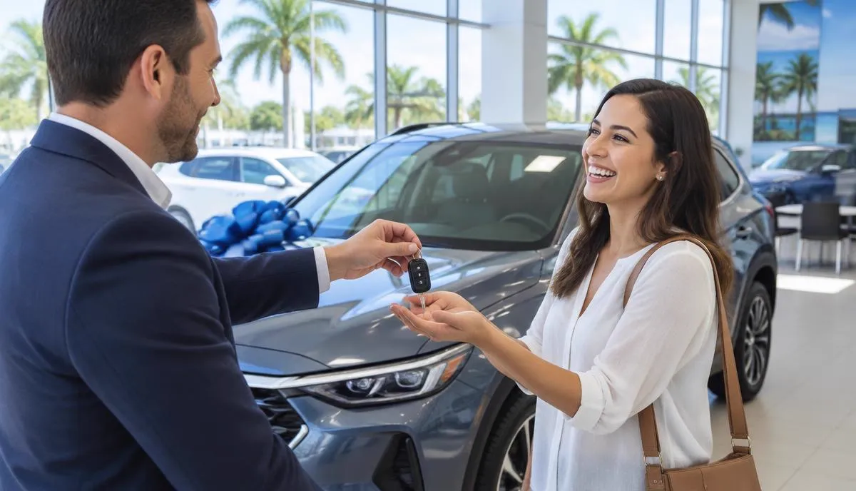 Car buyer receiving keys at a Florida dealership after getting insurance
